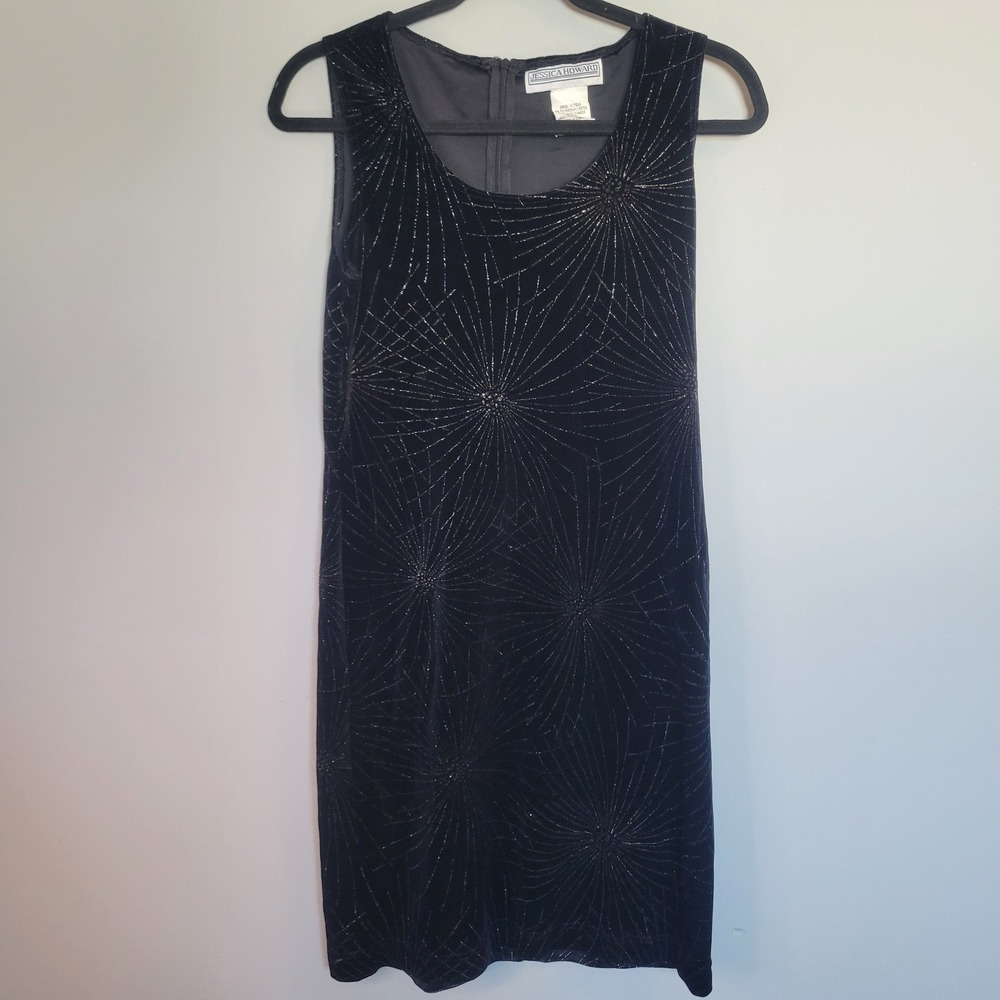 Jessica Howard Black Velvet Starburst Metallic Cocktail Dress Women 6 Sleeveless
